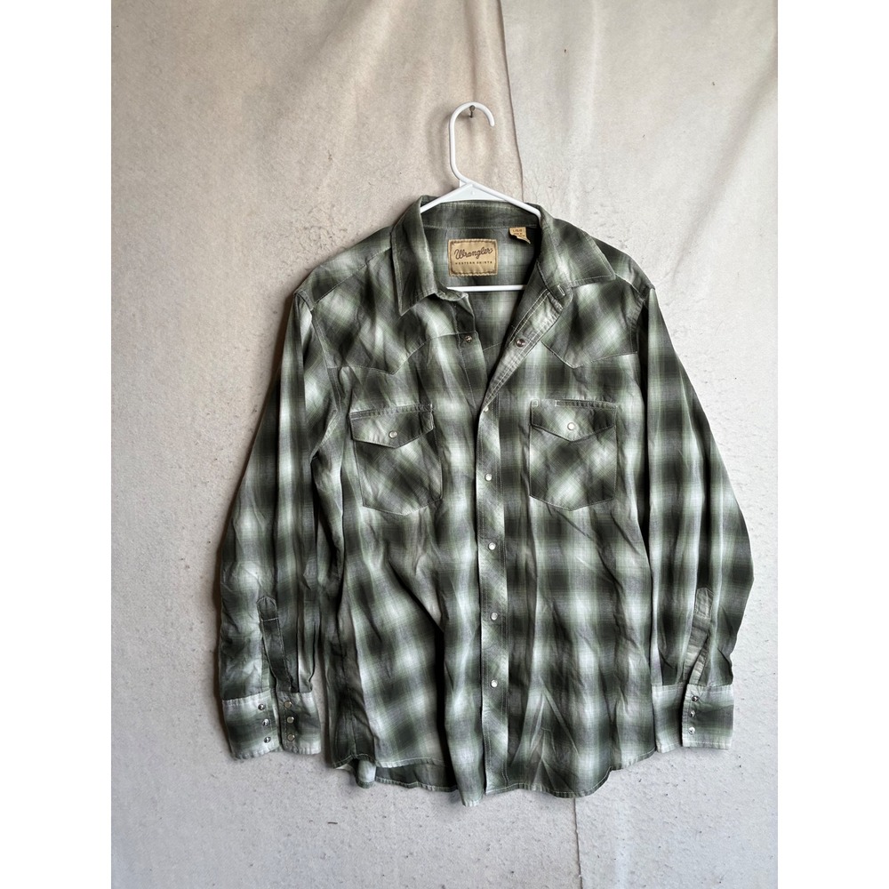 Wrangler Western Shirt Mens Large Green Plaid Ombre Pearl Snap Long Sleeve 8156